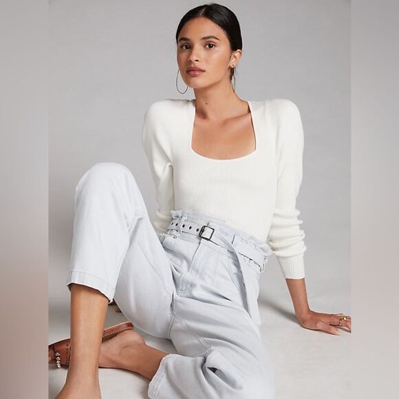 Anthropologie Sweaters - Anthropologie Maeve XL White Long-Sleeve Scoop-Neck Knit Ribbed Top Sweater